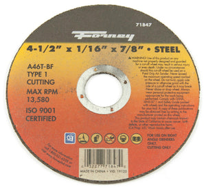 Forney 71847 Metal Cut-Off Wheel, Type 1, 4-1/2" x 1/16" x 7/8" Arbor, A46T-BF