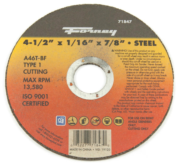 Forney 71847 Metal Cut-Off Wheel, Type 1, 4-1/2" x 1/16" x 7/8" Arbor, A46T-BF