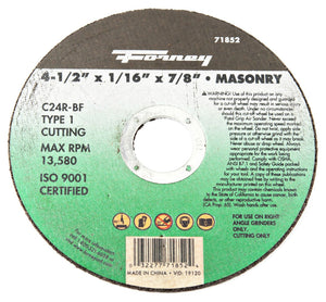 Forney 71852 Masonry Cutting Wheel, Type 1, 4-1/2" x 1/16" x 7/8" Arbor, C24R-BF