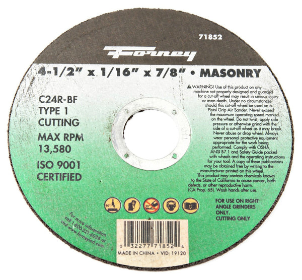 Forney 71852 Masonry Cutting Wheel, Type 1, 4-1/2" x 1/16" x 7/8" Arbor, C24R-BF