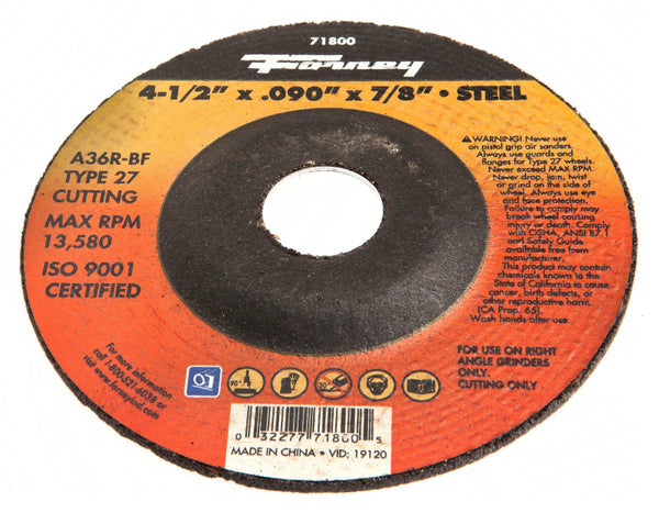 Forney 71800 Metal Cut-Off Wheel, Type 27, 4-1/2" x 0.090 x 7/8" Arbor, A36R-BF