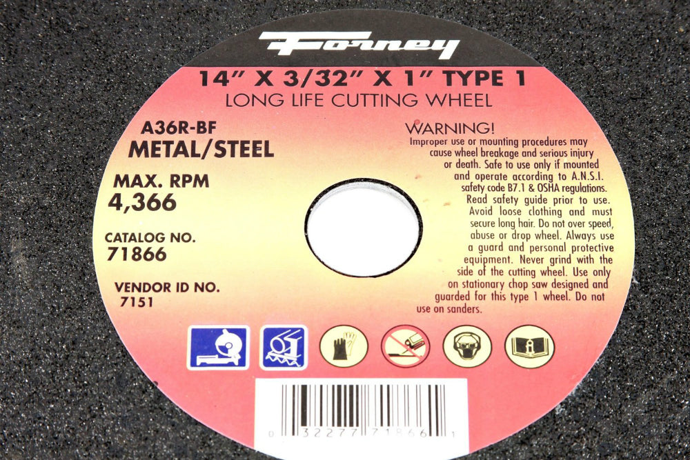 Forney 71866 Metal Cutting Wheel, Type 1, 14" x 3/32" x 1" Arbor, A36R-BF