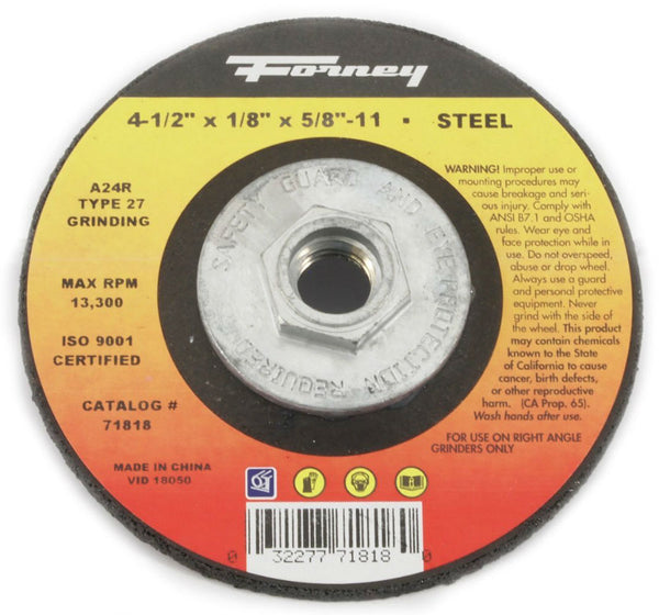 Forney 71818 Metal Grinding Wheel, Type 27, 4-1/2" x 1/8" x 5/8-11 Arbor, A24R