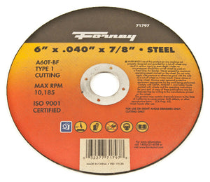 Forney 71797 Aluminum Oxide Type-1 Steel Cut-Off Wheel, 6", 7/8" Arbor, A60T-BF