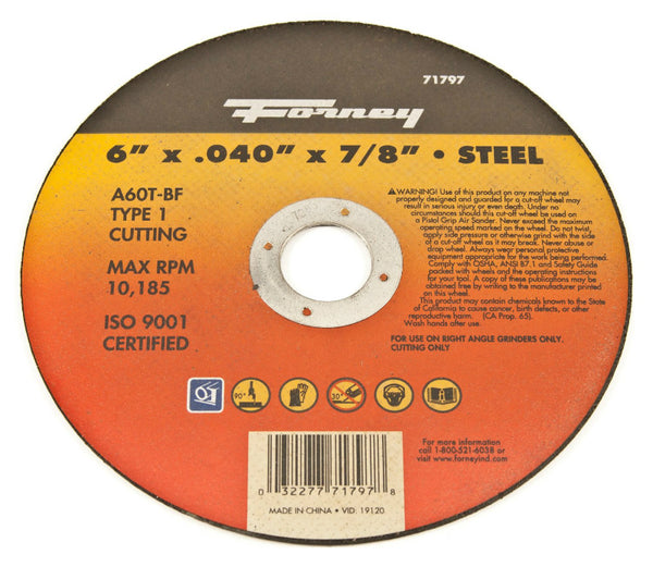 Forney 71797 Aluminum Oxide Type-1 Steel Cut-Off Wheel, 6", 7/8" Arbor, A60T-BF