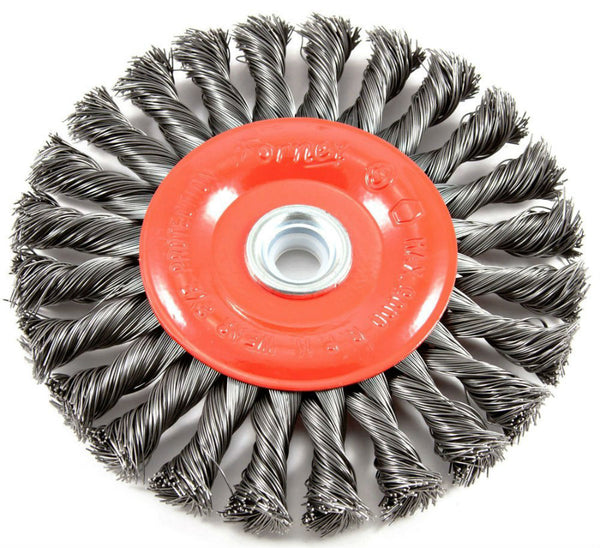Forney 72749 Twist Knot Wire Wheel Brush, 6" x 0.012" Wire, 1/2" - 5/8" Arbor