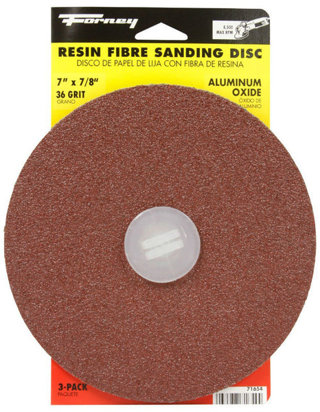 Forney 71654 Aluminum Oxide Resin Fibre Sanding Disc, 7" x 7/8", 36 Grit, 3-Pack