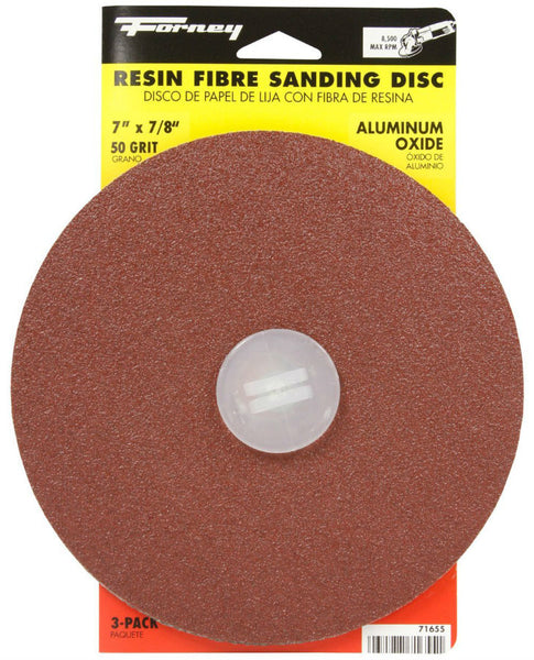 Forney 71655 Aluminum Oxide Resin Fibre Sanding Disc, 7" x 7/8", 50 Grit, 3-Pack