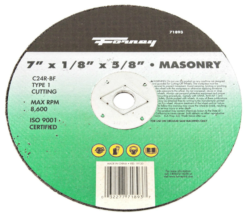 Forney 71893 Masonry Cutting Wheel, Type 1, 7" x 1/8" x 5/8" Arbor, C24R-BF