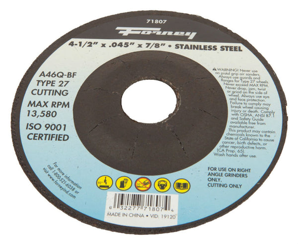 Forney 71807 Metal Cut-Off Wheel, Type 27, 4-1/2" x 0.045" x 7/8" Arbor, A46Q-BF