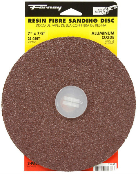 Forney 71653 Aluminum Oxide Resin Fibre Sanding Disc, 7" x 7/8", 24 Grit, 3-Pack