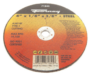 Forney 71845 Metal Cut-Off Wheel, Type 1, 4" x 1/8" x 3/8" Arbor, A36T-BF