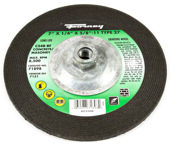Forney 71898 Masonry Grinding Wheel, Type 27, 7" x 1/4" x 5/8"-11 Arbor, C24R-BF