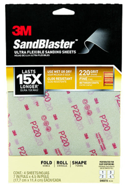 3M 28220SB-UF4 Sandblaster Ultra Flexible Sanding Sheet, 7"x4.5", 220-Grit, 4-PK