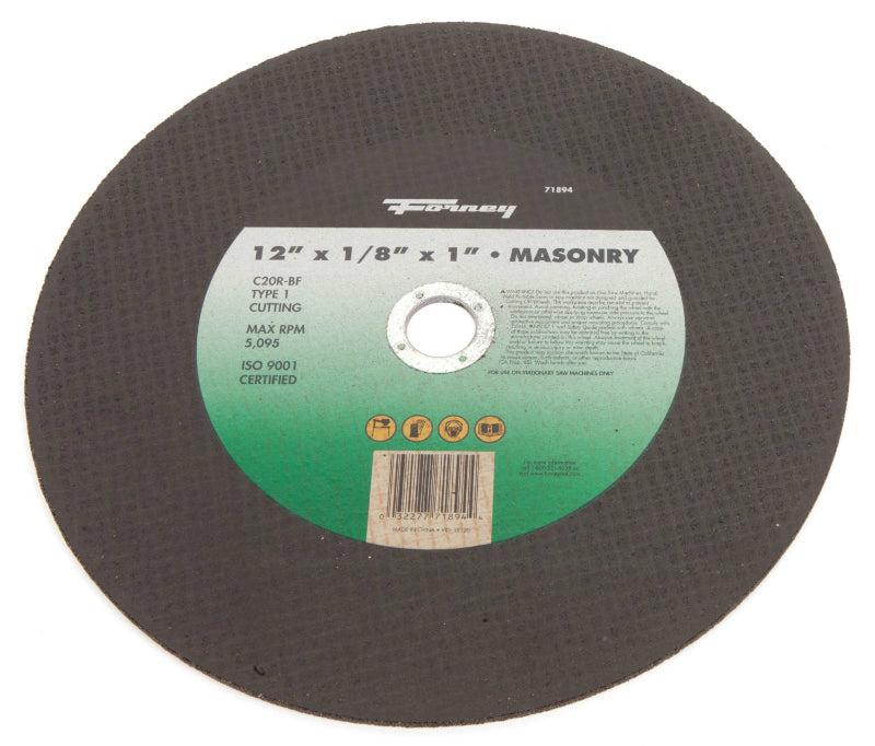 Forney 71894 Masonry/Asphalt C20R-BF Cutting Wheel, Type 1, 12" x 1/8", 1" Arbor