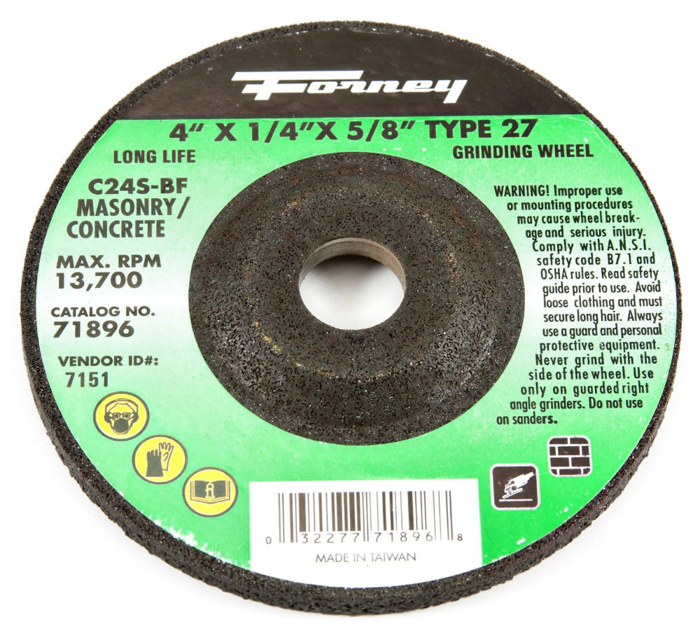 Forney 71896 Masonry Grinding Wheel, Type 27, 4" x 1/4" x 5/8" Arbor, C24S-BF