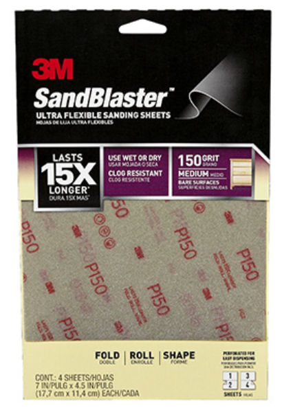 3M 28150SB-UF4 SandBlaster Ultra Flexible Sanding Sheet, 7"x4.5", 150-Grit, 4-PK