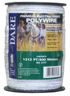Dare 3177 Premium Electric Fence Heavy-Duty Polywire, 400 meters/1312', White