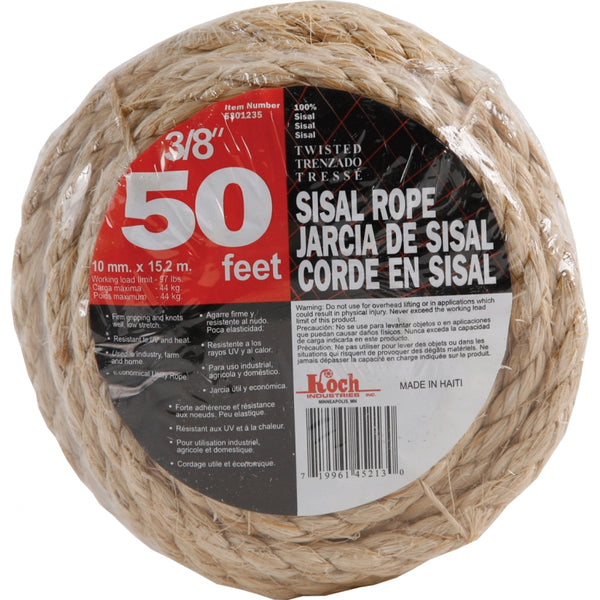 Wellington™ 18090 Twisted Sisal Rope, 3/8" x 50', Natural Color