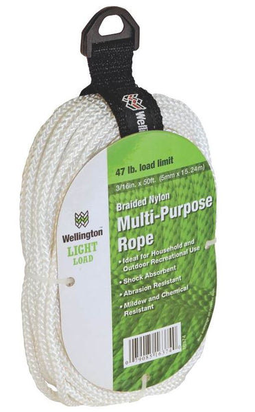 Wellington™ 16374 Diamond Braided Nylon Multi-Purpose Rope, White, 3/16" x 50'