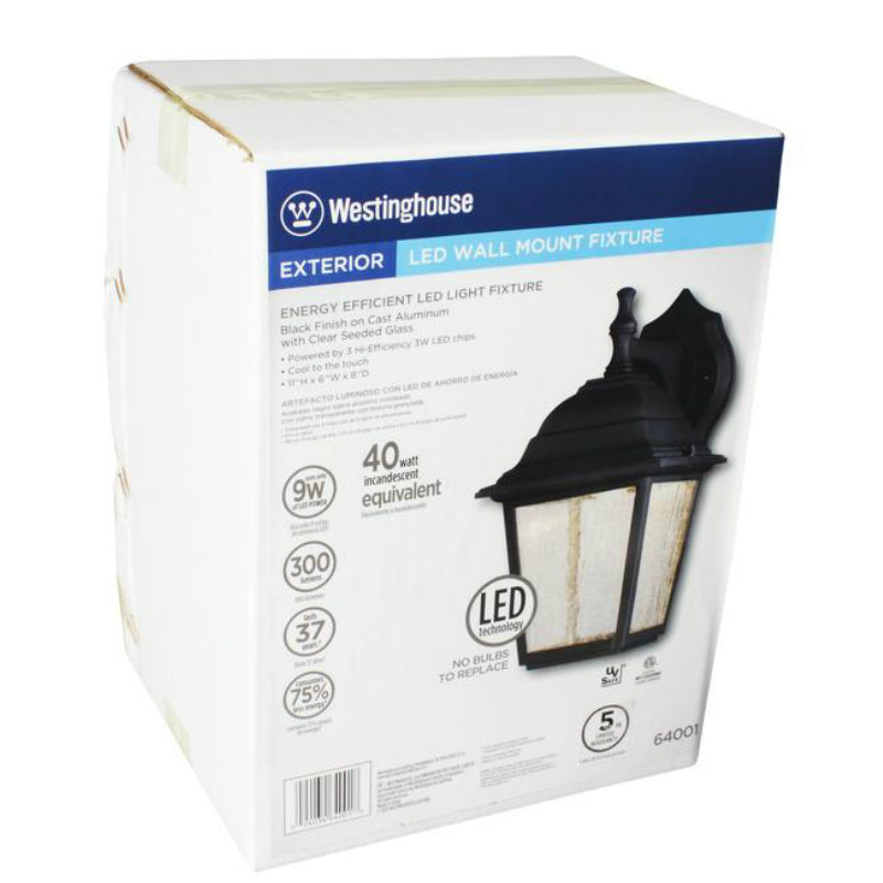 Westinghouse 64001 LED Wall Lantern with Seeded Glass Panels, Black, 9-Watt
