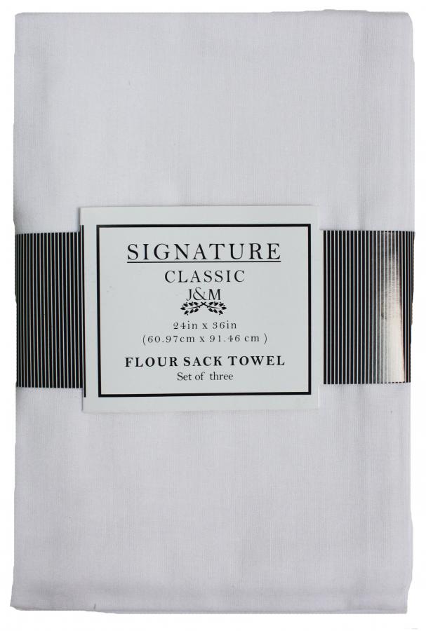 J & M Home Fashions 7420 Flour Sack Towels, 100% Cotton, 24" x 36", White, 3-Pk