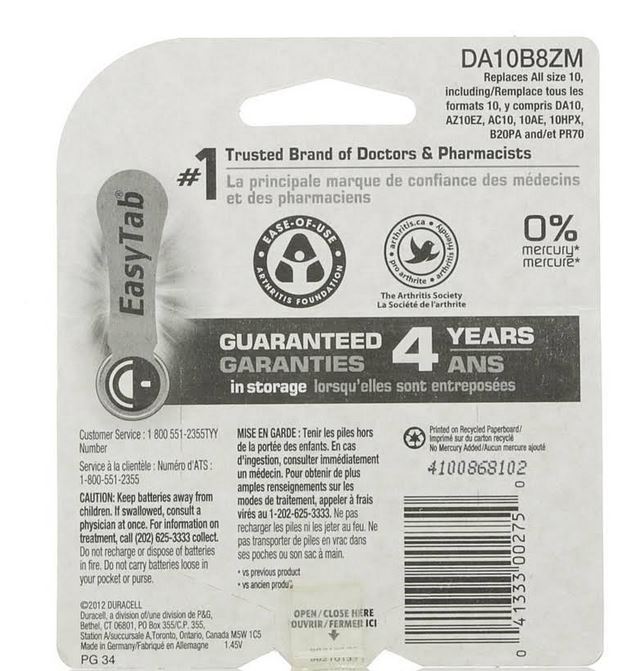 Duracell® 00275 Hearing Aid Battery with EasyTab, 10", 8-Pack
