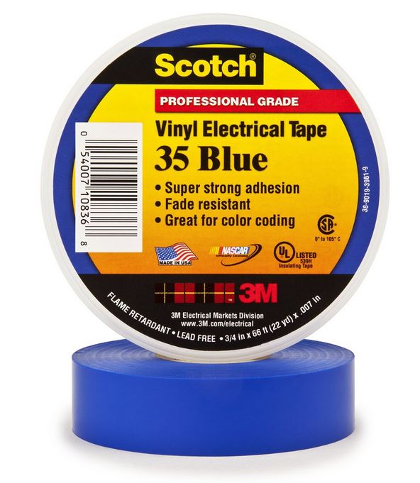 Scotch 10836-DL-10 Professional Grade #35 Vinyl Electrical Tape, 3/4"x66', Blue
