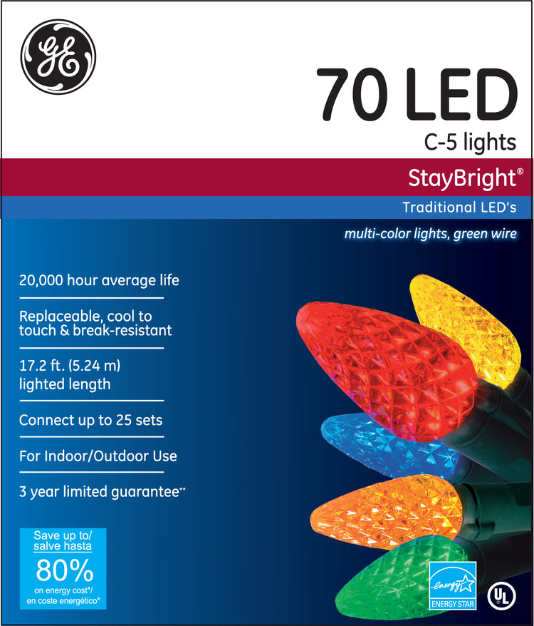 GE GE90225 StayBright Christmas C5 LED 70-Light Set w/ Green Wire, Multi