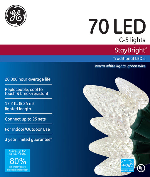 GE GE90226 StayBright Christmas C5 LED Light Set, 70 Light