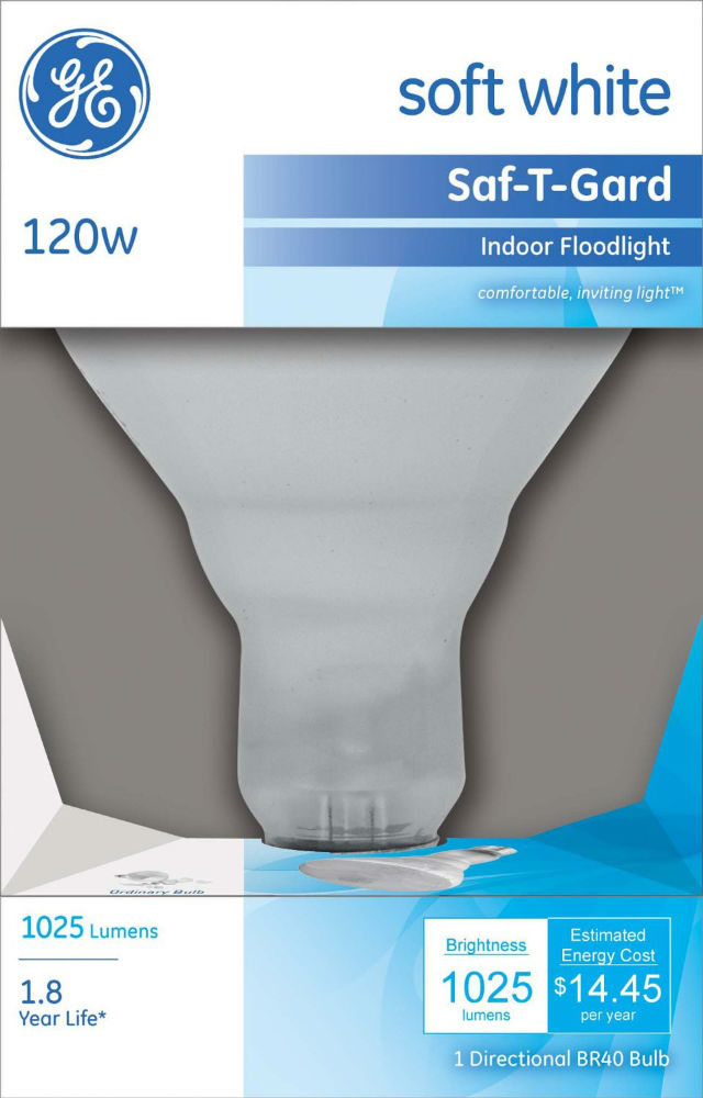GE Lighting 47725 Saf-T-Gard® BR40 Reflector Floodlight, Soft White, 120W