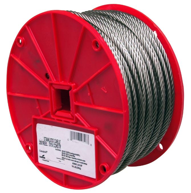 Campbell® T7000326 Type 304 Stainless Steel Cable, 184 Lb, 7 x 7, 3/32" x 250'