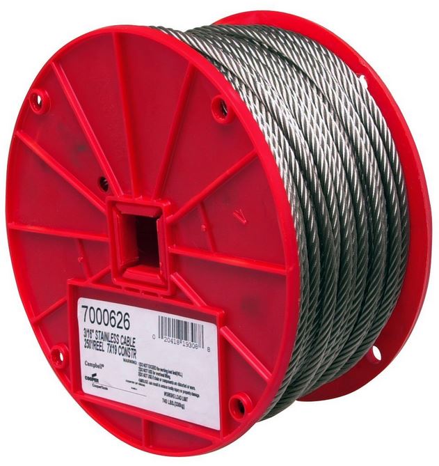 Campbell® 7000626 Type 304 Stainless Steel Cable, 7 x 19, 740 Lbs, 3/16" x 250'