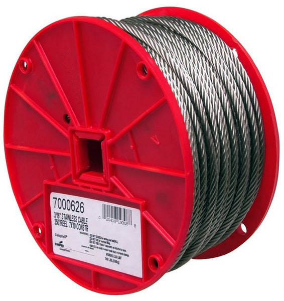 Campbell® 7000626 Type 304 Stainless Steel Cable, 7 x 19, 740 Lbs, 3/16" x 250'