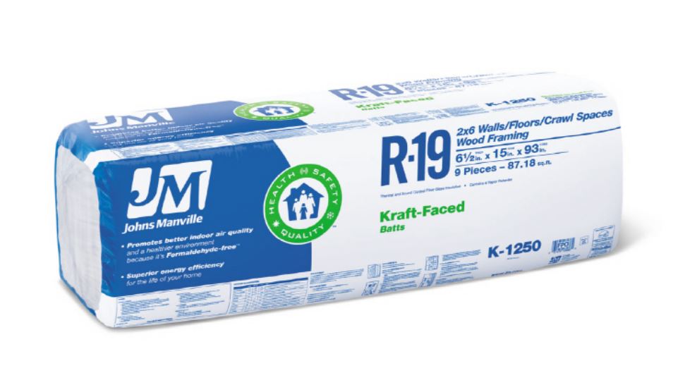 Johns Manville 90005453 Kraft-Faced R-19 Fiberglass Insulation Batt, 15" x 93"