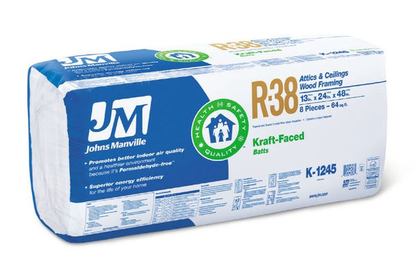 Johns Manville 90005452 Kraft-Faced R-38 Fiberglass Insulation Batt, 24" x 48"