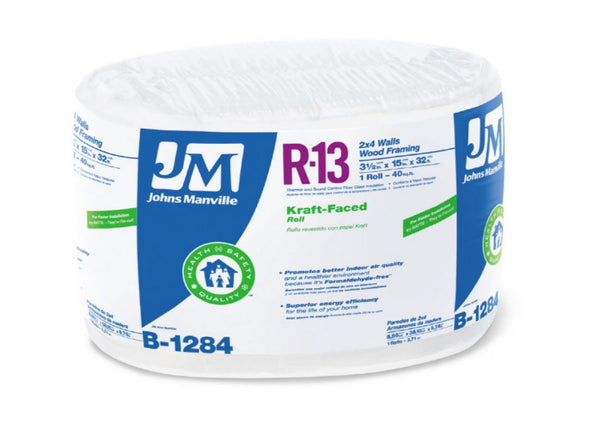 Johns Manville B1284 R13 Kraft Faced Fiberglass Insulation Roll, 40 Sq. Ft