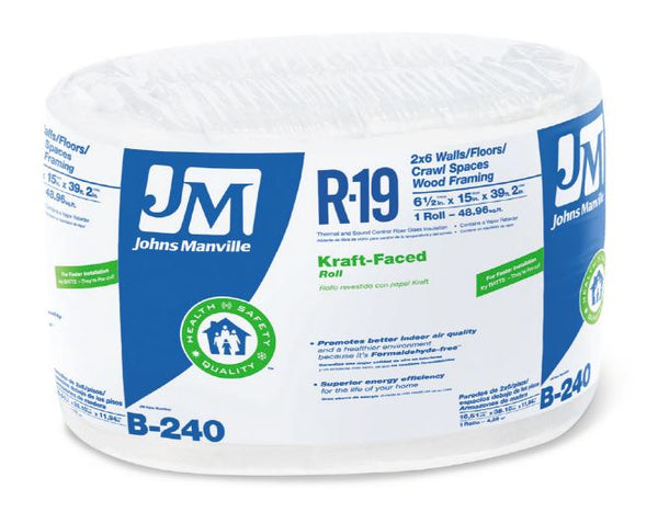 Johns Manville 90003719 Kraft-Faced R-19 Fiberglass Insulation Roll, 15" x 39'2"