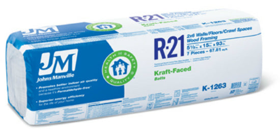 Johns Manville 90005461 Kraft Faced R21 Batt Insulation, 15" x 93", 67.81 Sq.Ft.