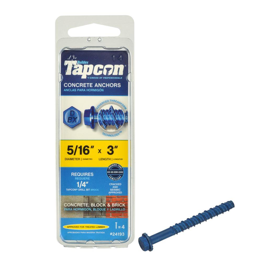 Tapcon® 24193 Hex-Washer-Head Large Diameter Concrete Anchor, 5/16"x3", 4-Pack