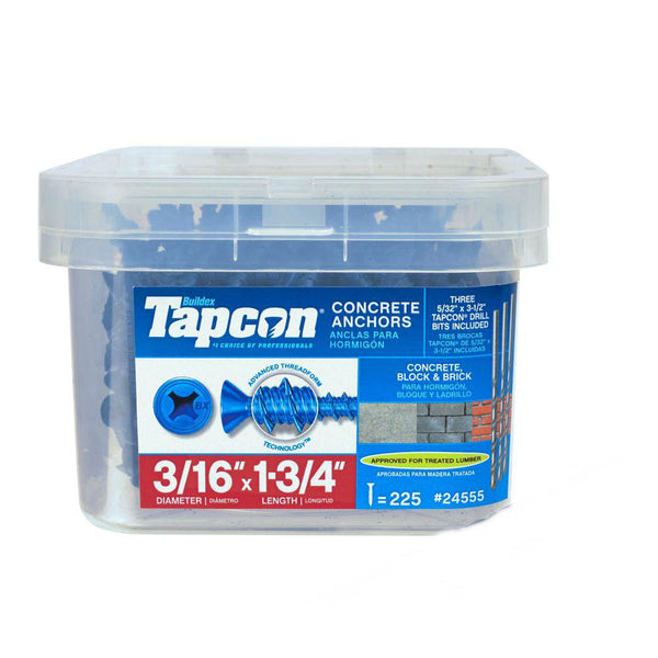 Tapcon® 24555 Phillips Flat-Head Concrete Anchors, 3/16" x 1-3/4", 225-Count