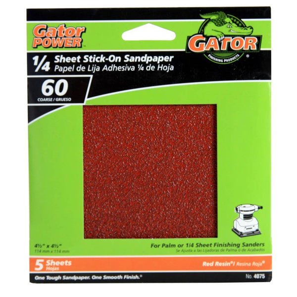 Gator® 4075 Aluminum Oxide 1/4 Sheet Stick-On Sandpaper, 60-Grit, 4.5", 5-Pack