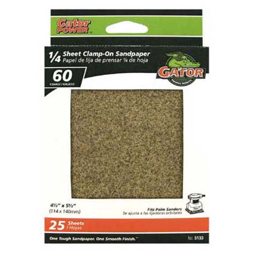 Gator® 5133 1/4 Sheet Clamp-On Sandpaper, 60-Grit, 4.5" x 5.5", 25-Pack