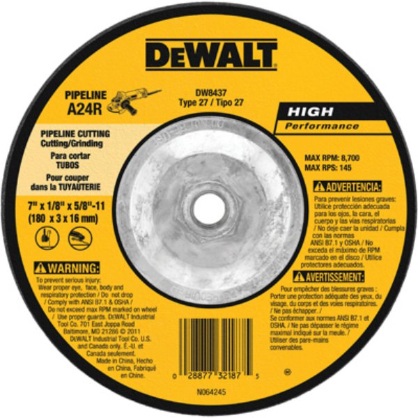 DeWalt® DW8437 Type 27 Pipeline Cutting & Grinding Wheel, 7" x 1/8" x 5/8"-11