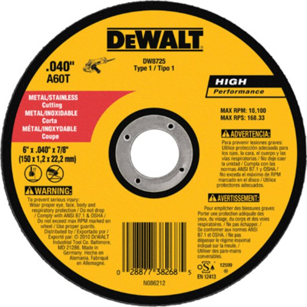 DeWalt® DW8725 High Performance™ Metal & Stainless Cutting Wheel, 6"x0.040"x7/8"