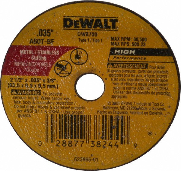 DeWalt® DW8700 Metal & Stainless Long Life Cutting Wheel, A60T, 2-1/2" x 3/8"