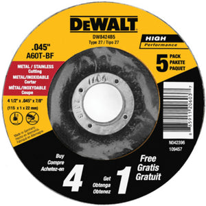 DeWalt® DW8424B5 High Performance™ Metal Cutting Wheel, 4.5" x 7/8", 5-Pack