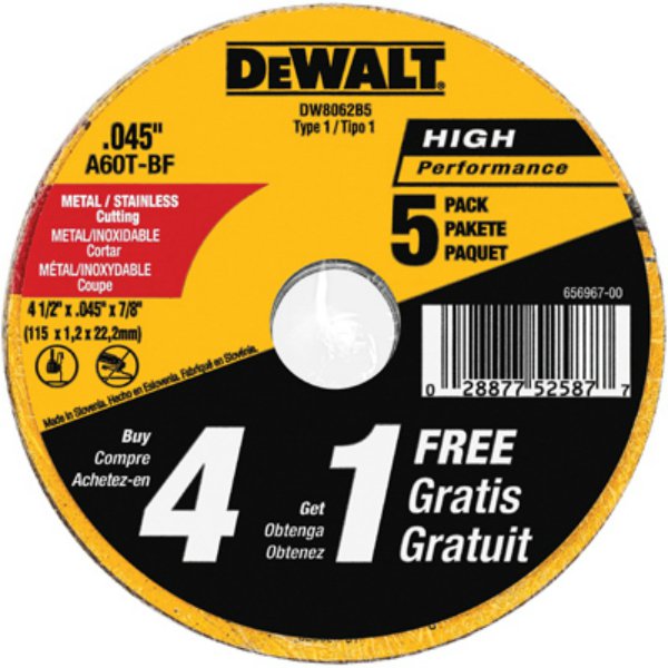 DeWalt® DW8062B5 Type-1 Metal & Stainless Cutting Wheel, 4-1/2"x.045"x7/8", 5-Pk