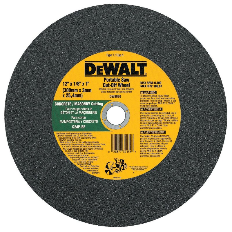DeWalt® DW8026 Type-1 High Speed Concrete/Masonry Cutting Wheel, 12" x 1/8" x 1"