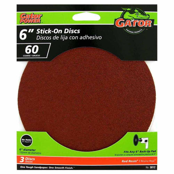 Gator® 3012 Red Resin® Stick-On Aluminum Oxide Sanding Disc, 60-Grit, 6", 3-Pack